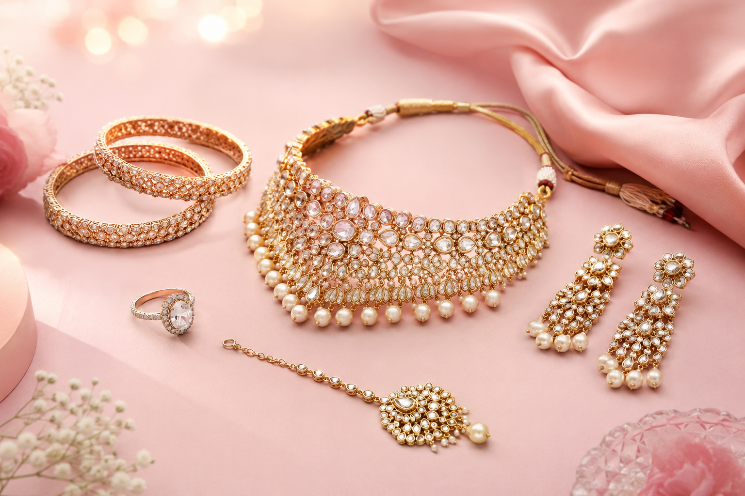 bridal jewellery display with hallmark gold necklace sets in the Una showroom