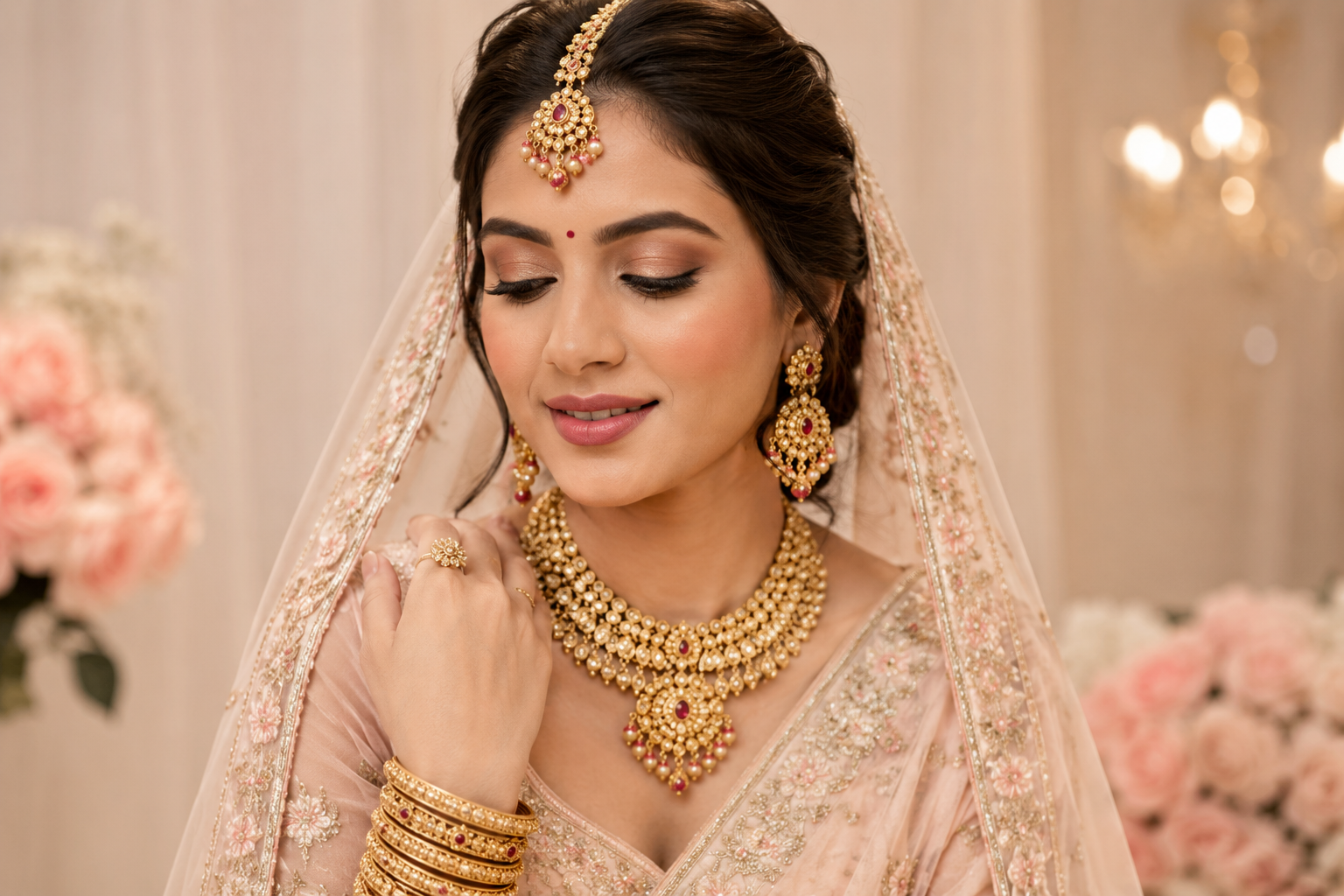 bridal jewellery set with layered necklaces and matching earrings for weddings in Una