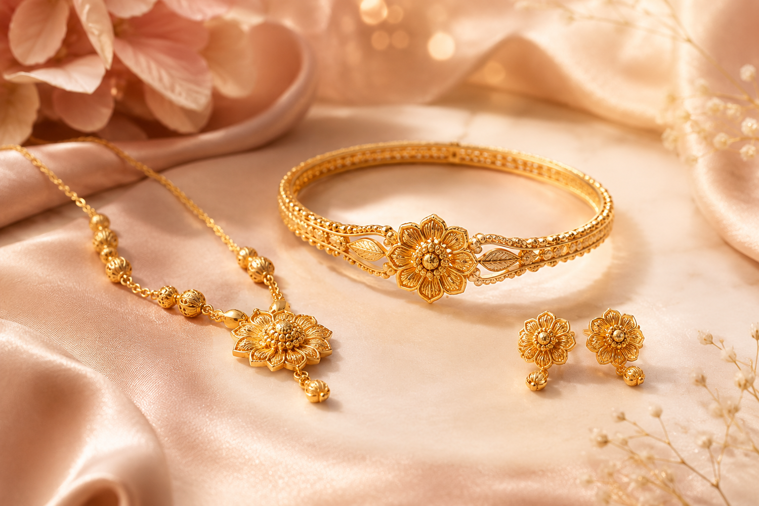 hallmark gold necklace sets, chains and earrings displayed in the Una showroom